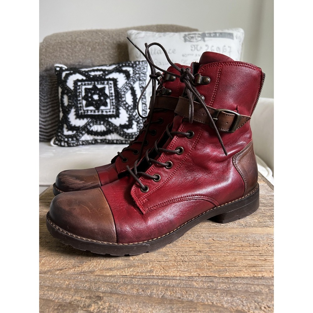 Jafa Boots Womens Size 41 10 Red Brown Leather Combat Ankle Buckle Zip Lace Up‎